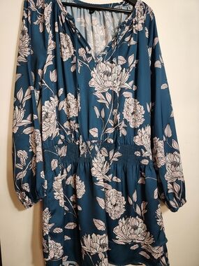 Boston Proper Teal-Trimmed Blue Floral Dress -Size Large